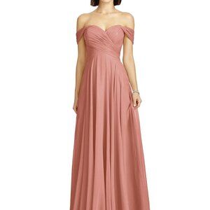 Dessy 2970....Off-the-Shoulder Draped Chiffon Maxi Dress...Desert Rose...Sz 6